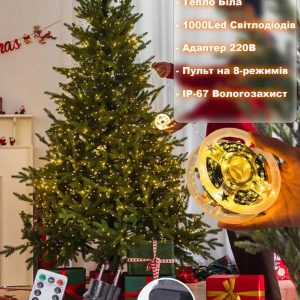 Гирлянда Роса 100м-1000Led с теплым белым светом - зеленая нить, пульт, 8 режимов от сети