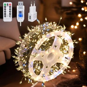 Гирлянда мишура «Роса», 50м, с пультом, 1500 LED, от USB и сети 220V, 8 режимов, Теплый Белый с Flash
